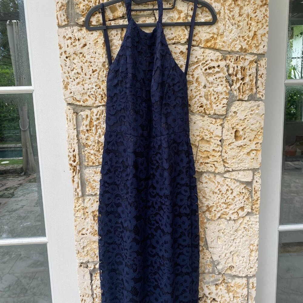 Halter neck blue lace cocktail dress